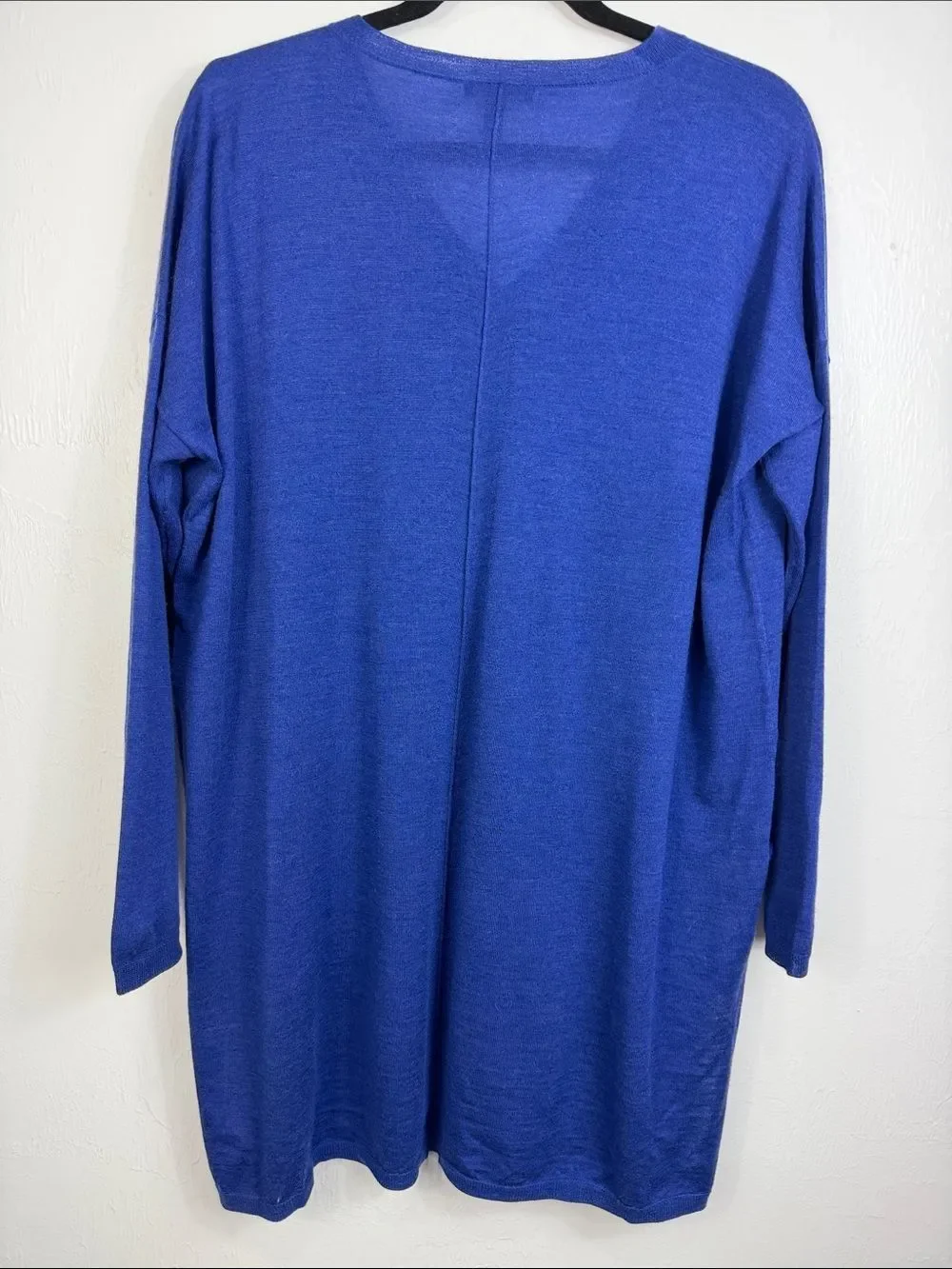 Eileen Fisher Merino Wool Tunic Sweater Medium Blue V Neck Pockets Oversized